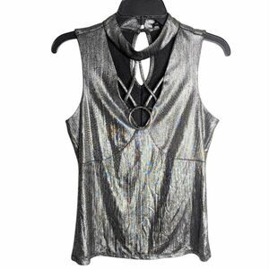 Lily Black O-ring Strappy Choker Cage Neck Metallic Silver Sleeveless Top M